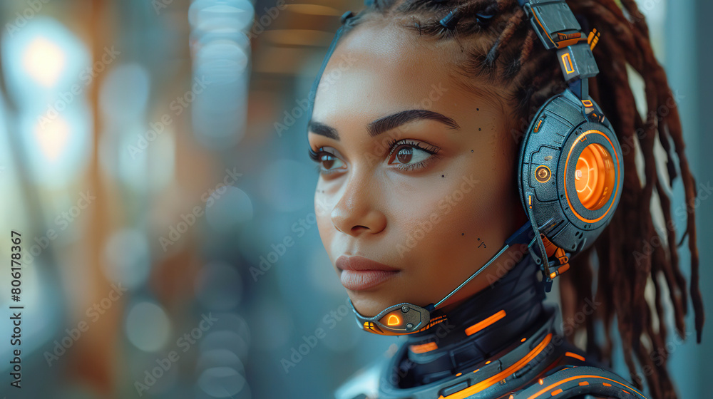Obraz premium Portrait of a Young Black Woman Wearing a Futuristic Headset with Orange Lights. Generated by AI