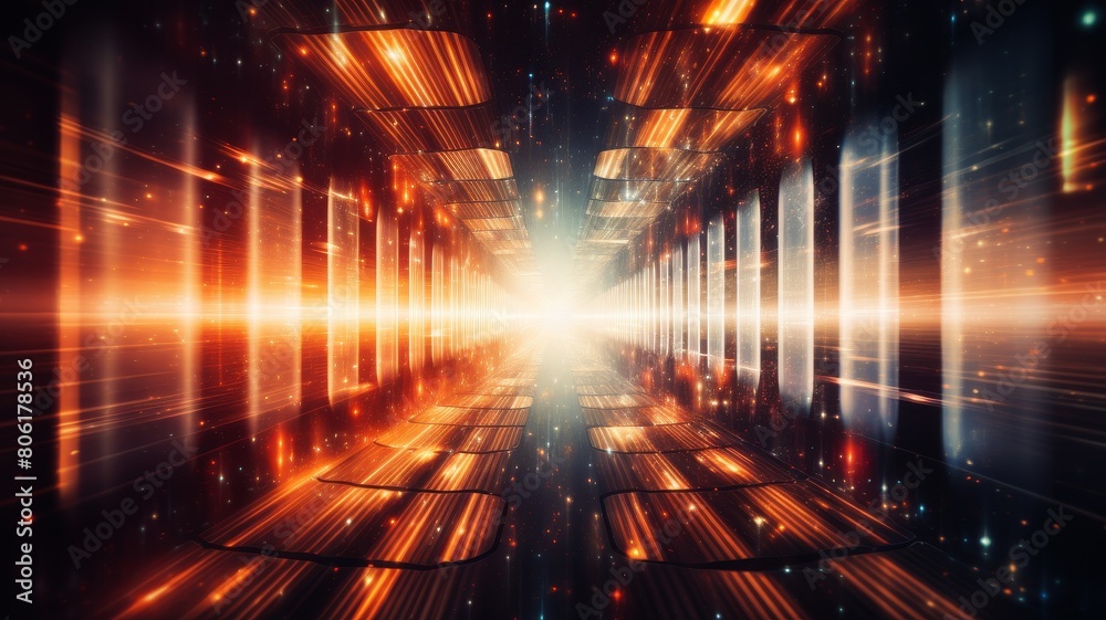 The image is a glowing orange and yellow tunnel that appears to be made of light. The tunnel is surrounded by a dark background. The image is a glowing orange and yellow tunnel that appears to be made of light. The tunnel is surrounded by a dark background.