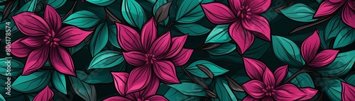 The image shows a beautiful pattern of pink and purple flowers with green leaves