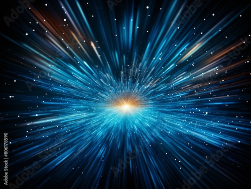 The image shows a blue and orange vortex of light with a bright center. The vortex is surrounded by a dark background with white stars.
