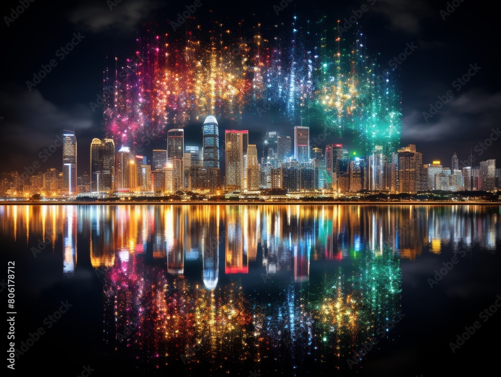 The night sky is lit up with a dazzling display of fireworks. The colorful reflections shimmer on the surface of the water, casting a magical glow over the city.
