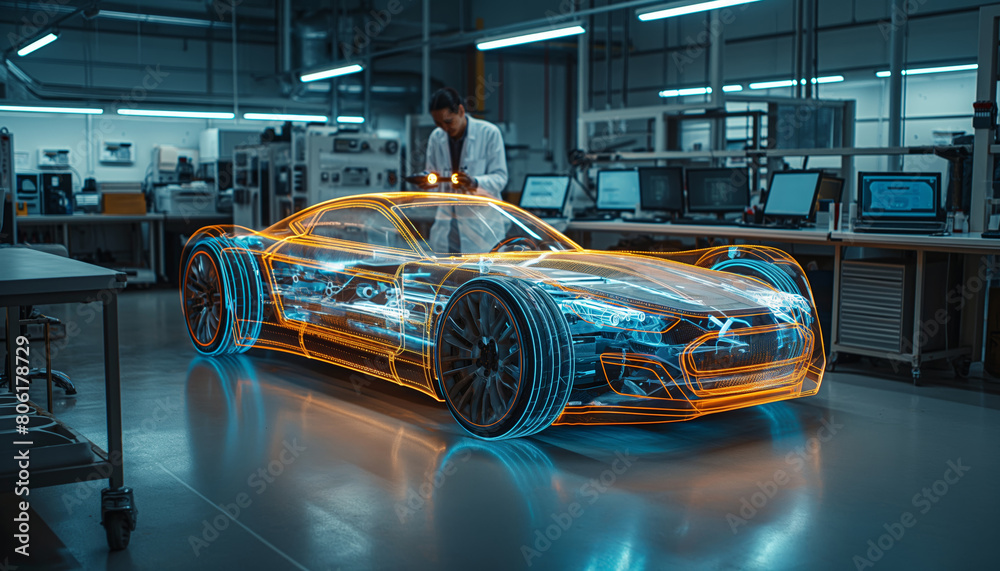 Engineer with holographic car projection in lab