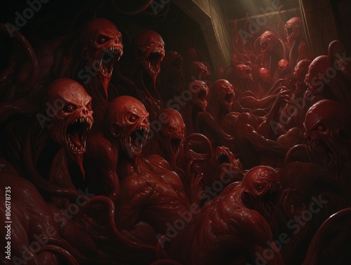 The photo shows a group of people who are trapped in a dark place. They are all screaming and trying to get out. The place is full of blood and gore.