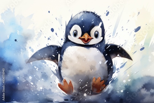 A cute penguin is jumping out of the water. It looks very happy. The background is white with light blue watercolor.