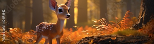 A cute deer is standing in the middle of a lush green forest. The sun is shining brightly, and the deer is looking at the camera with its big, brown eyes.