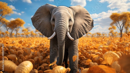A large elephant is standing in a field of pumpkins photo