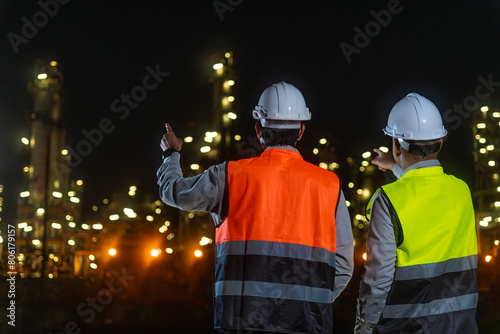 Night scene. Back view of Asian man petrochemical engineers working with tablet and walkie talkie. He going through routine checks at petroleum oil refinery in industrial estate. © BJ Day Stock