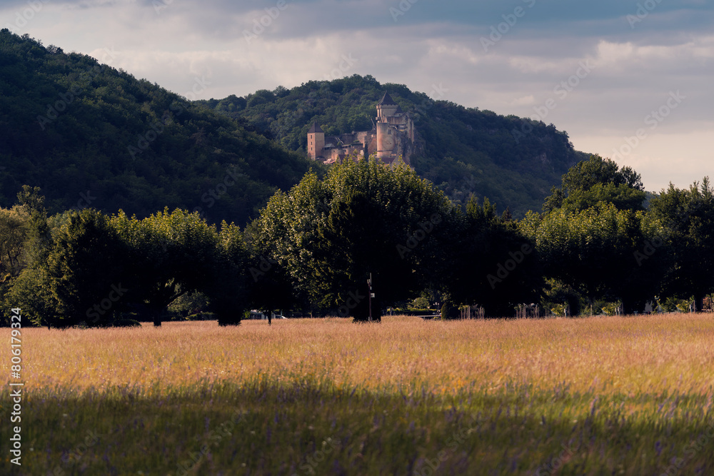Landscape with Chateau de Castelnaud in the background in autumn Landscape with Chateau de Castelnaud in the background in autumn