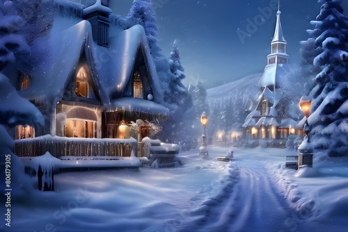 A picturesque winter scene of a snow-covered village at night. The houses are adorned with twinkling lights and the street is empty  except for a single lit lamp. The church steeple stands tall in the