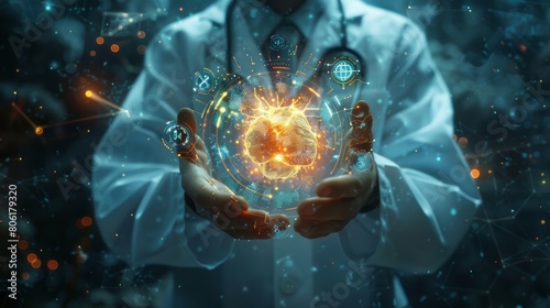 Doctor holding a glowing virus in hands with a serious look on his face.