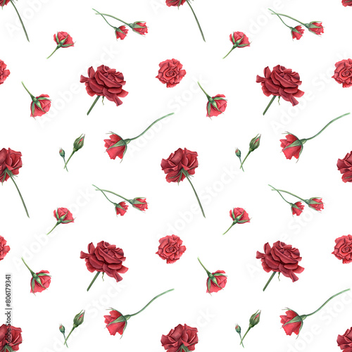 Rose with buds on stem. Deep red, scarlet roses. Seamless pattern of summer ruby flowers. Realistic blooming plants. Watercolor illustration. For wedding design, memorial day, birthday package