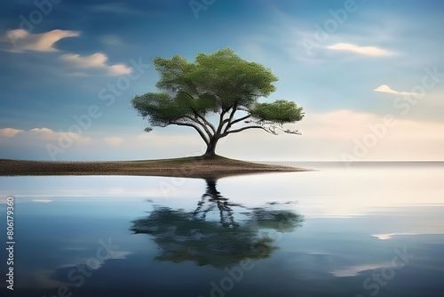 A single tree stands on a small island in the middle of a lake  perfectly reflected in the water. The sky is blue with some white clouds.
