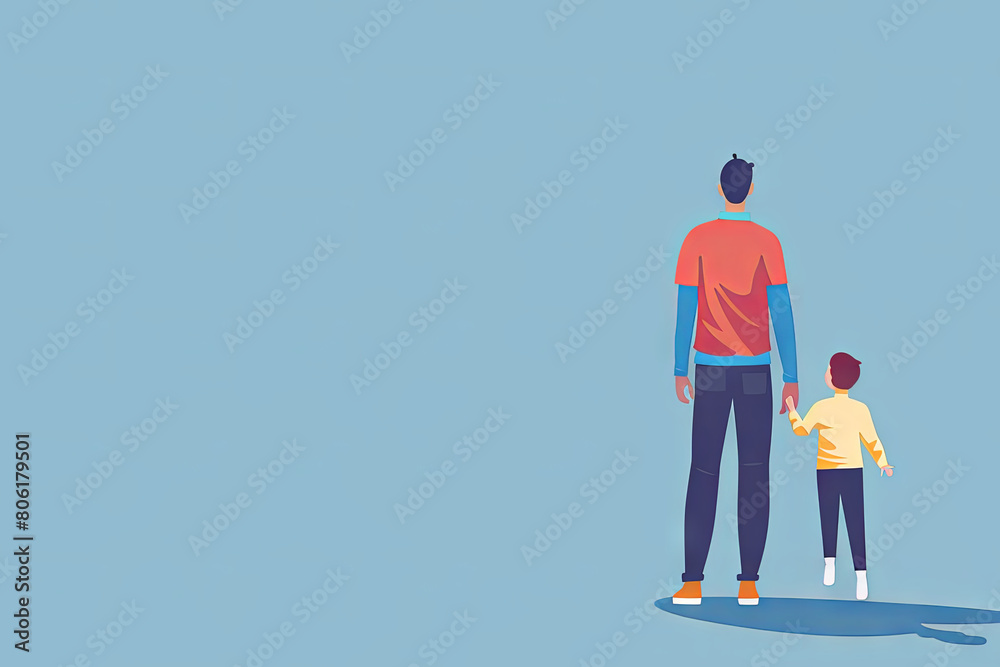 Father and son on a blue background stand holding hands. place for text. bright picture Father and son on a blue background stand holding hands. place for text. bright picture