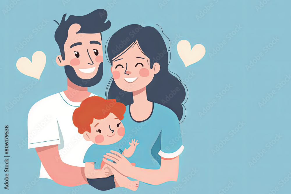 happy family on a blue background holding their little son in their arms. place for text. family concept. care concept. concept picture happy family on a blue background holding their little son in their arms. place for text. family concept. care concept. concept picture