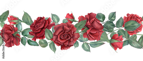 Border with red roses. Ruby flowers and green leaves. Intertwining rose stems with buds. Blooming summer plants. Seamless ornate. Watercolor illustration for wedding design, memorial day decor