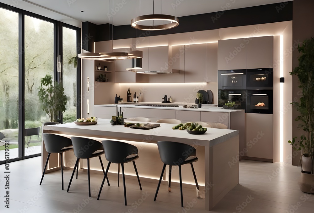A modern kitchen with neutral colors, black chairs, and pendant lights.