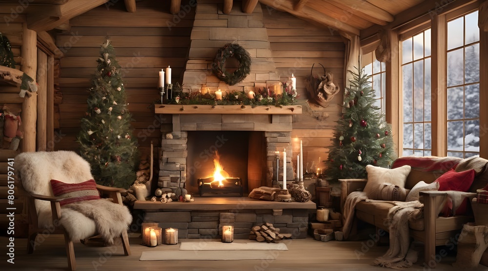 A cozy cabin room with a lit fireplace, decorated for Christmas with trees, candles, and a wreath.