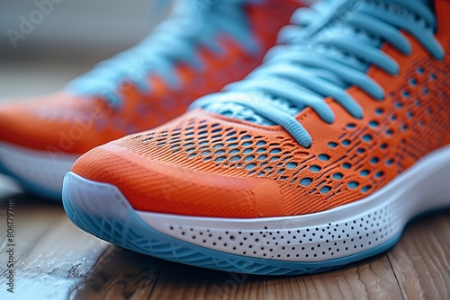 Close-up of orange sports shoes on a floor photo