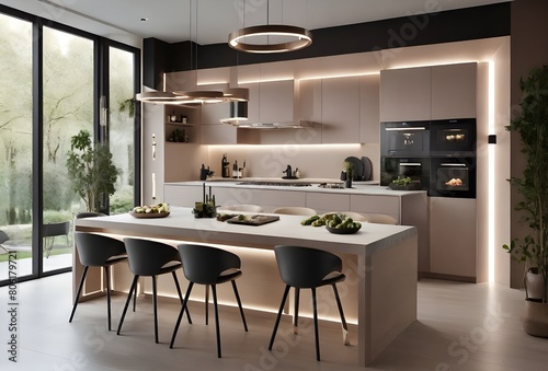 A modern kitchen with neutral colors  black chairs  and pendant lights.