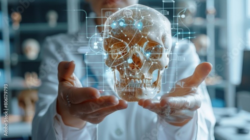 Surgeon holding a 3D printed skull.