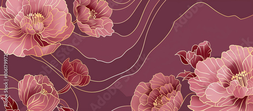 red luxury peony flower pattern golden line banner background