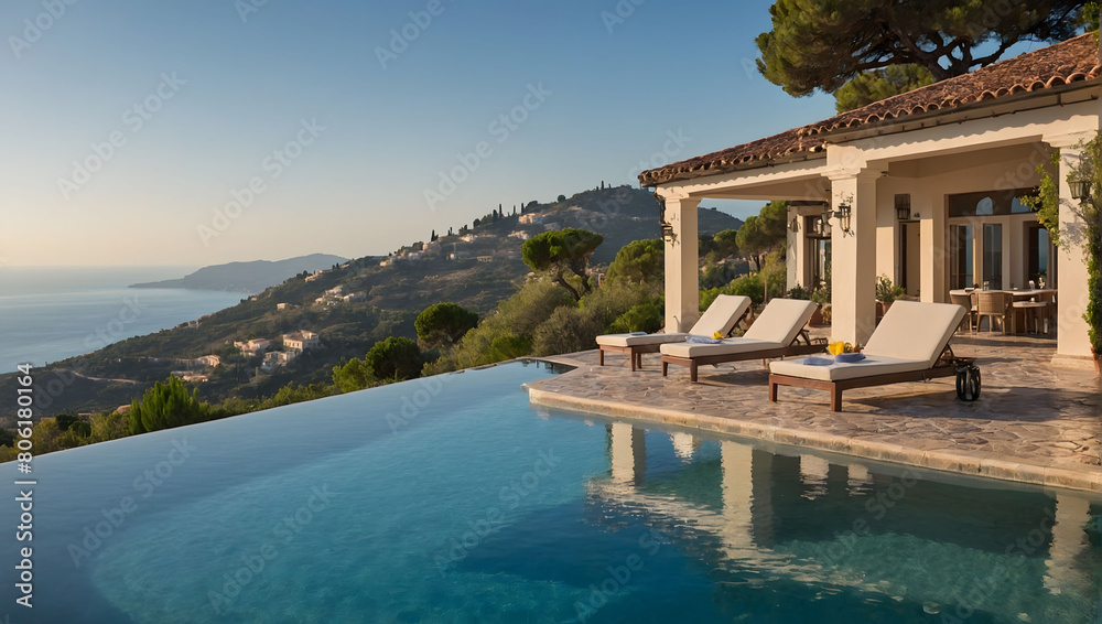 A tranquil Mediterranean villa atop a hill, with a refreshing pool and panoramic sea views