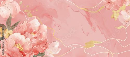 red luxury peony flower pattern golden line banner background