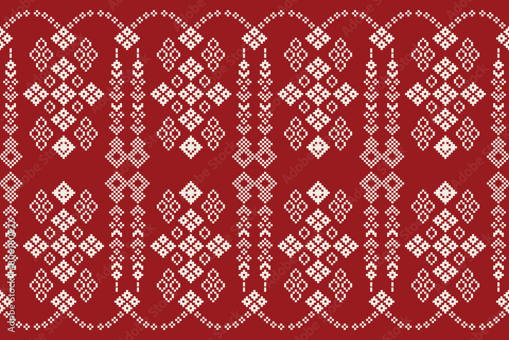 Traditional ethnic motifs ikat geometric fabric pattern cross stitch.Ikat embroidery Ethnic oriental Pixel red background. Abstract,vector,illustration. Texture,christmas,decoration,wallpaper.