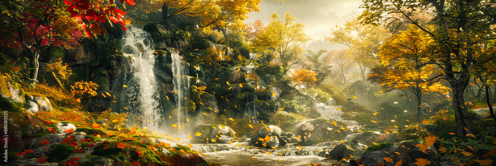 Tranquil Forest Stream with Autumn Leaves, Soft Sunlight Over Cascading Water, Peaceful Natural Retreat