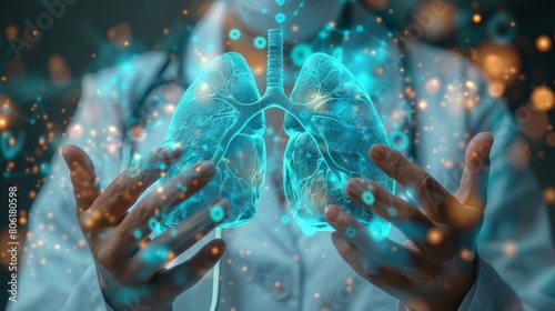 The image shows a doctor holding a pair of lungs in his hands