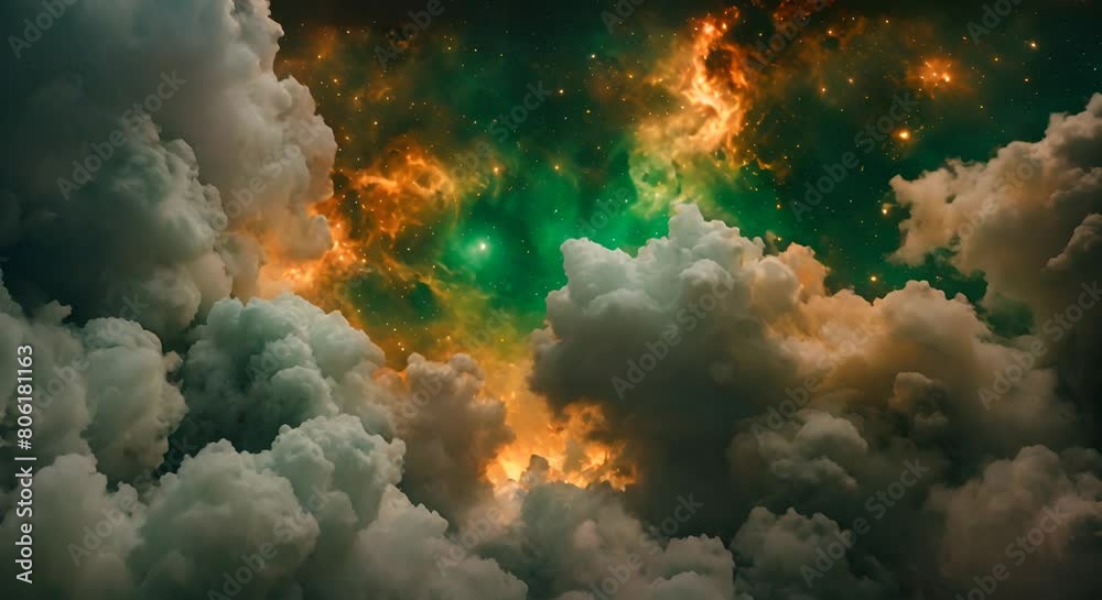 An expansive area of the universe featuring a multitude of stars and clouds Space nebula cloud in rich hues of greens and oranges An expansive area of the universe featuring a multitude of stars and clouds Space nebula cloud in rich hues of greens and oranges