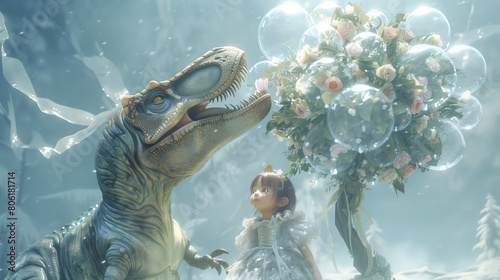 A dinosaur and little girl in white dresses, holding glass bubble flowers with exquisite details, in an ethereal environment