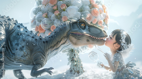A dinosaur and little girl in white dresses, holding glass bubble flowers with exquisite details, in an ethereal environment