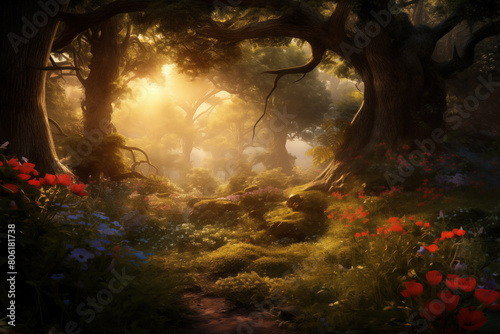 Forest glade bathed in golden sunlight. Generative AI