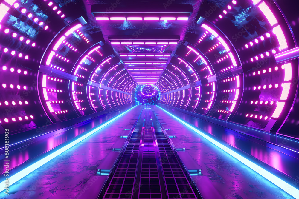 Illustrate a hi-tech salsa dance-off incorporating holographic displays and neon lights in a retro-futuristic setting, shot from a worms eye view