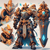 game sheet of paladin armor, light background, clay render, oily, shiny, bevel, blender, style of Hearthstone