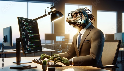 A photo of a lizard person wearing a suit and glasses working at a desk in an office. #806182104