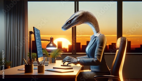A photo of a snake in a suit working at a desk in an office photo