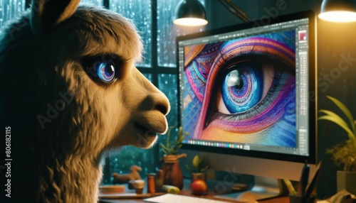 A llama wearing a scarf is looking at a computer screen. On the screen is an image of an eye. The llama is holding a pencil and has a thoughtful look on its face.