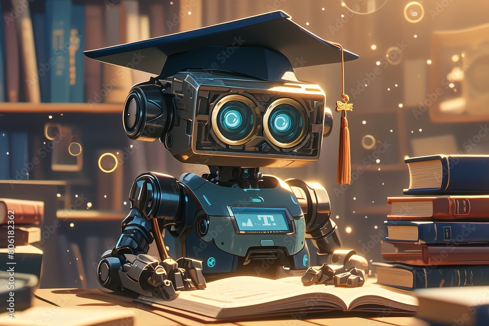 Cute robot wearing a graduation cap and tassel, with books in the background