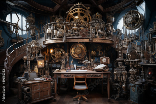 Interior of whimsical steampunk inventor's workshop. Generative AI