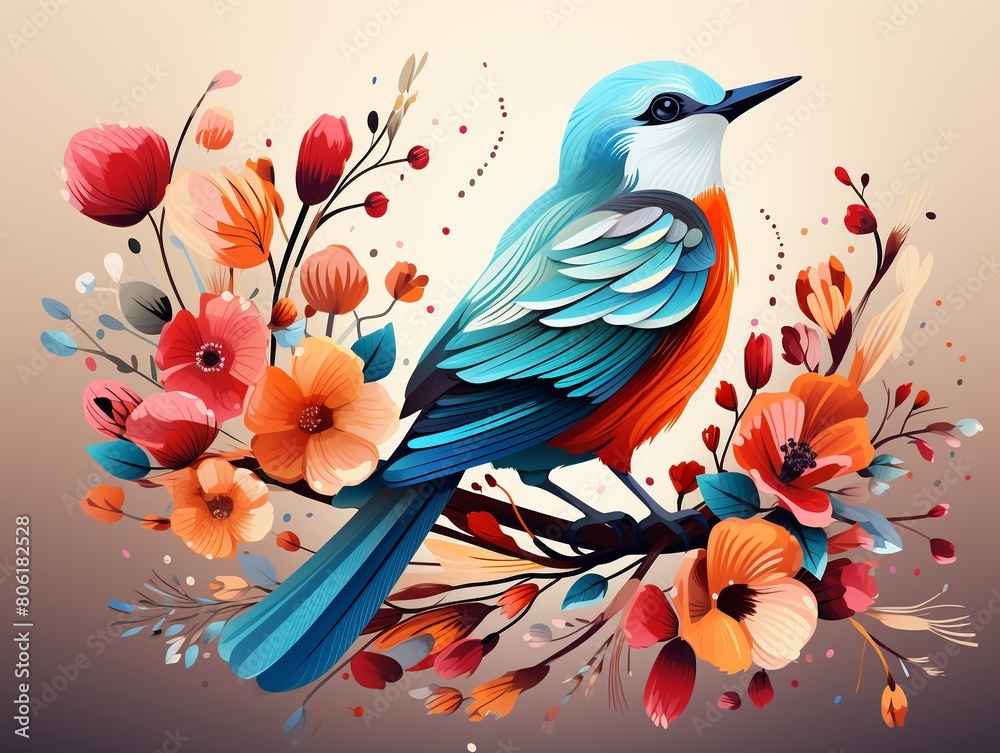 Fototapeta premium Charming vector illustration of a quirky bird with a multicolored flower, featuring high clarity and sharp contrast , clean and clear drawing