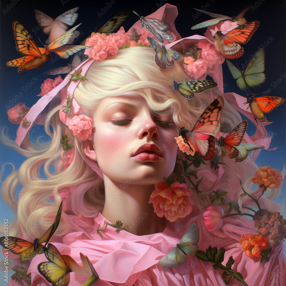 Illustration of portrait of young blond hair lady with closed eyes surrounded by colorful butterflies. Generative AI Illustration of portrait of young blond hair lady with closed eyes surrounded by colorful butterflies. Generative AI