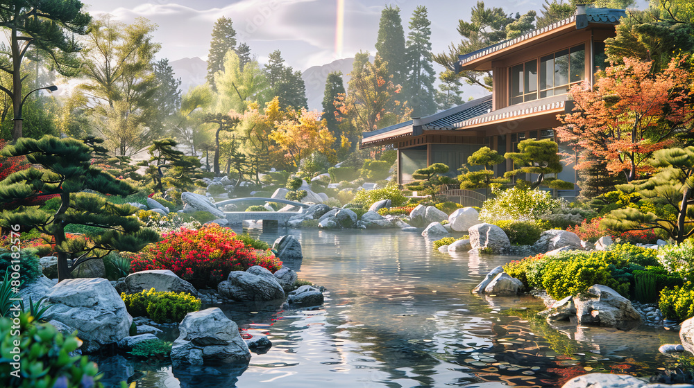 Fototapeta premium Tranquil Japanese Garden with Red Bridge Over a Koi Pond, Traditional Landscaping with Autumn Foliage