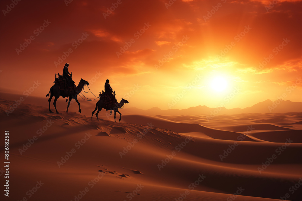 Nomadic caravan crossing the endless sands of a desert. Generative AI Nomadic caravan crossing the endless sands of a desert. Generative AI