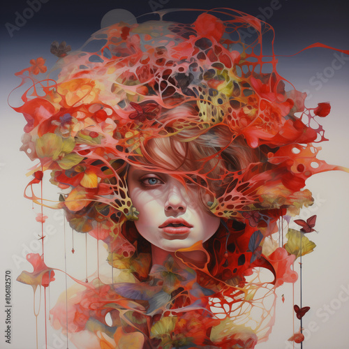 Beautiful young lady surrounded by abstract colorful shapes. Generative AI