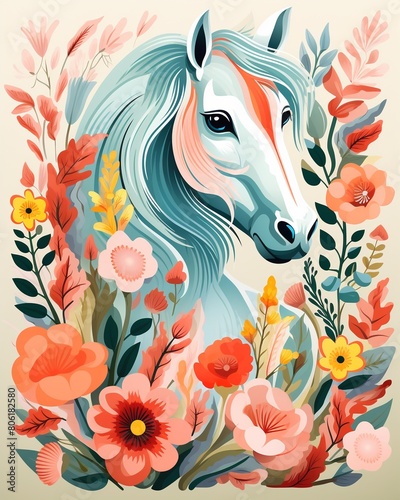 Folkinspired vector art featuring a playful horse and decorative motifs  surrounded by flowers and characters  crisp lines    vector and illustration drawing graphic