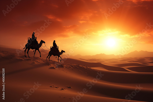 Nomadic caravan crossing the endless sands of a desert. Generative AI
