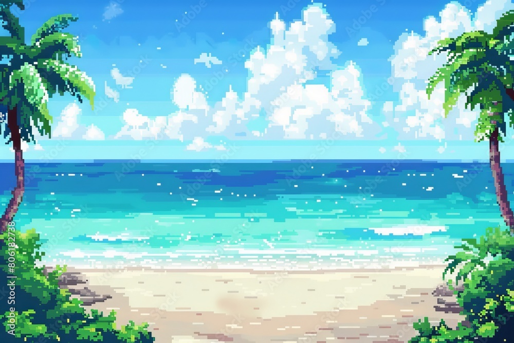 Pixel Art Paradise with Pristine Turquoise Sea, Fluffy White Clouds, and Lush Palms, Concept of Nostalgic Digital Vacation Scenery