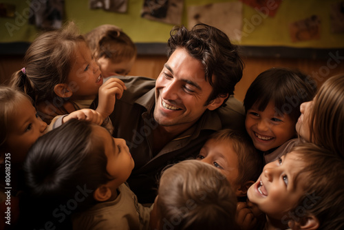 Happy teacher, surrounded by children, their face adorned with a warm smile and compassionate eyes. Generative AI